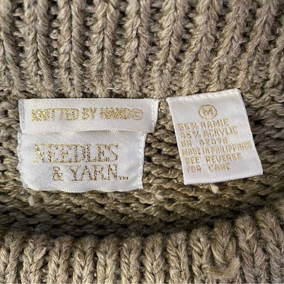 Needles & Yarn Crochet Flower Hand Knit Sage Green Tan Sweater Size Medium - Picture 4 of 5